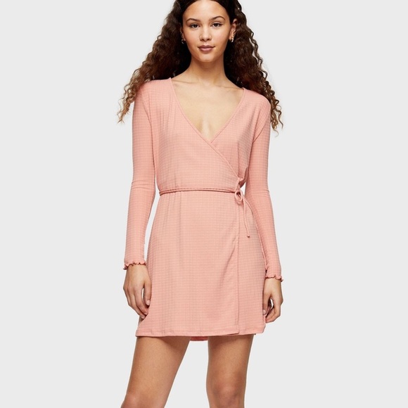 Topshop Long Sleeve Seersucker Wrap Mini Dress - Picture 2 of 11